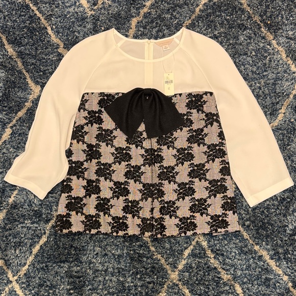 New Anthropologie Mignon blouse with a plaid floral black and white with bow - Picture 1 of 12